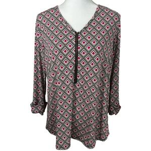 🌸Roz & Ali- Pink/Tan Diamond Print Dressy Blouse w/ Zipper - Size L